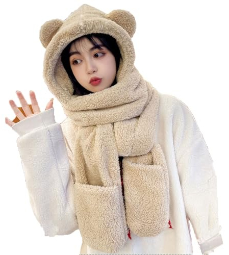 Yolhloy 3 In 1 Mütze Damen Winter Set, Warme Mütze Schal Handschuhe Set mit Fleecefutter, Dicke Plüsch Hut Set für Damen Mädchen