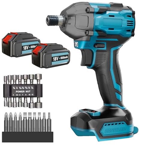 Impact Wrench, Compatible with Makita,Brushless Cordless Impact Wrench with 1/2 inch Driver 18V 350N.m Torque with 14 Sockets, 10 Drill Bits,and 2 Pack Battery 5500mAh