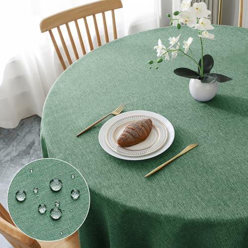 AooHome Tablecloth Round Φ120cm Green, Wipe Clean Tablecloths Washable Polyester Faux Linen Tablecloth Water-repellent with Lotus-effect, Durable Scratch Resistant for Dining room, Balcony, Garden