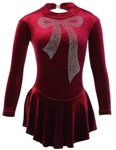 Zagitova Eiskunstlaufkleid for Mädchen, langärmeliges Eislaufkleid mit Rundhalsausschnitt for künstlerisches Eislaufprogramm(Red_XL)