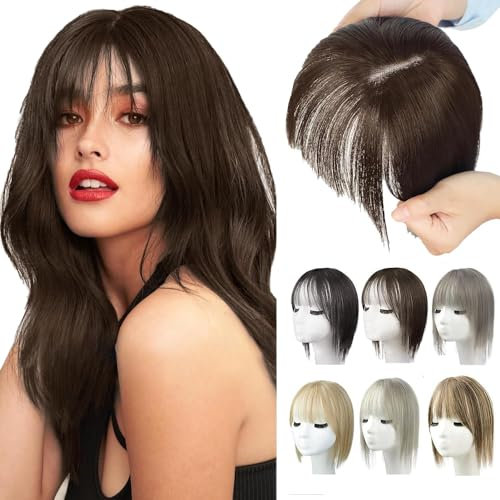 Natürliche Haarteile mit Pony für Frauen, 2025 Neuest Perücken, Kurze Perücken in Bangs mit Schläfen, Haarteile Echthaar Haar Clip in Topper 25 * 10 * 5 CM (N)