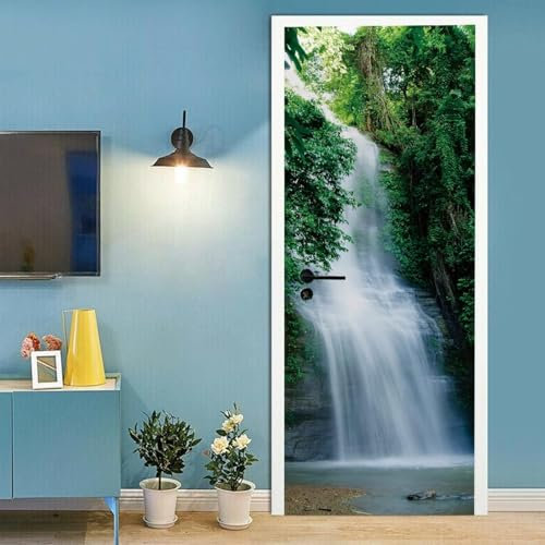 Tizhweqo Türtapete Selbstklebend 90x200 Dschungel Wald Wasserfall Türfolie Türposter Natürliche Landschaft Fototapete Türklebefolie Wandbild Türaufkleber Wandtapete 3D Effekt für Wohnzimmer b2229