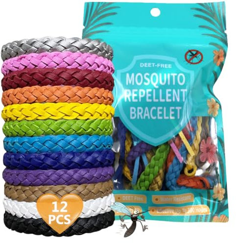 Mosquito Repellent Bracelet 12 Pack, Adjustable Leather Deet-Free Natural Insect Mosquito Bands for Kids Adult Outdoor Camping Fishing Traveling