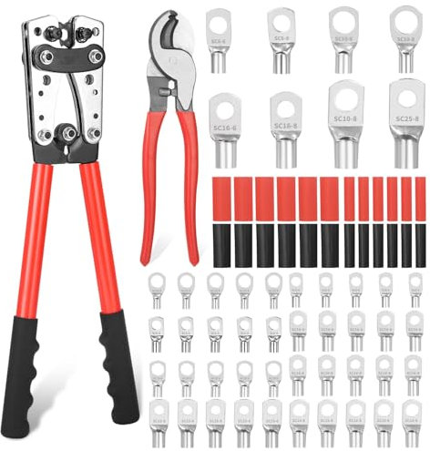 Pinza crimpatrice 16 mm2 capicorda 10 – 1/0 capicorda 16 Mm2 pinza crimpatrice 6/10/16/25/35/50 Mm² con 120 morsetti ad anello in rame e tubi termoretraibili rosso