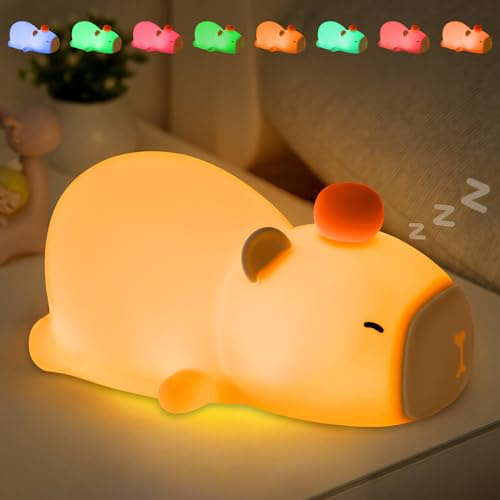 JUQG Capybara Nachtlicht für Kinder, USB Wiederaufladbar, 3 Helligkeitsstufen, 8 Farben, Tragbare Nachttischlampe für Schlafzimmer, Kinderzimmer und Wohnzimmer