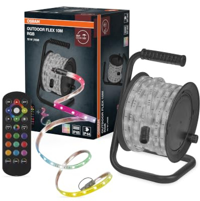 Osram Outdoor Flex RGB LED Streifen 10M IP65, inkl. Fernbedienung, bis 50 m erweiterbar, mit Kabeltrommel, Anschlusskabel, Zubehör