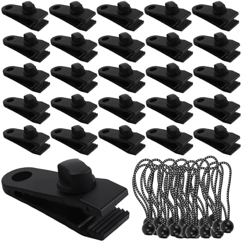 SYUTBOU 60 Stück Schwarz Planenclips mit Gummibändern, 30 Planenspanner Clips und 30 Gummibänder, Tarp Clips Set für Hängematte, Camping und Picknick