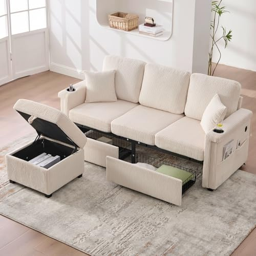 Sweiko Canapé 3 Places en Velours avec éclairage LED et Ports USB-C, Comprenant des Repose-Pieds avec Espace de Rangement, des Porte-gobelets Pratiques et des Poches latérales (Beige)