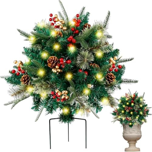 Pre Lit Artificial Christmas Tree Urn Filler,Pre Lit Christmas Tree Planters,Lighted Holiday Planter Filler with LED Lights, Outdoor Holiday Planter Decorations,with Tripod Stake for Porch (1PC)