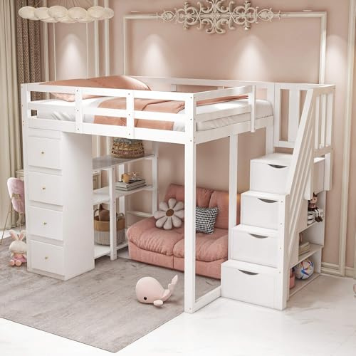 YCYDHDM Hochbett 140x200 cm mit Stauraumtreppe und Schubladen, Etagenbett mit Regalen und Rausfallschutz, Bettgestell mit Lattenrost, Bettgestell aus Kiefernholz, Weiß