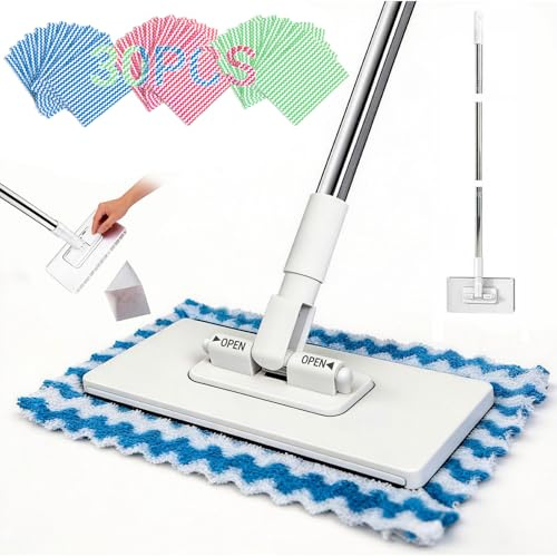 Lazy Snap Grip Mop Clip On, Zero Touch Click Flat Sweeper Mops, Easy Cloth Changing Disposable Dust Hands Free Push Pull, Household Cleaning Supplies Tools Floor Wall Bathroom Kitchen(30 Cloths)