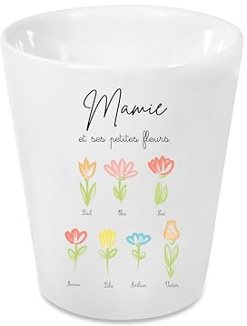 Générique Cache-Pot Mamie personnalisé – Cadeau Fête des Mamies – Cache Pot céramique 10 cm avec Trou de Drainage – Fleurs avec prénoms Enfants