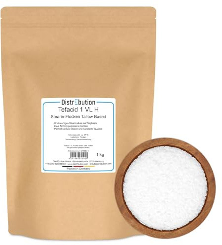 DistrEbution Tefacid 1 VL H Stearin Flocken - 1kg Kerzenstearin auf Talgbasis (Tallow Based) für Gießkerzen & Kerzenherstellung