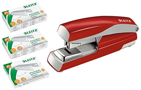 Leitz 5523 Flachheftgerät Stark NeXXt, 40 Blatt mit je 1.000 Heftklammern 24/6 24/8 und 26/6 (rot, mit Klammern 24/6 24/8 26/6)
