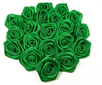 Rosen 3 cm x 10 Stück Satinrosen Aufnäher Deko Blumen Röschen zum Basteln Hochzeit kleine Rosenköpfe Farbe: Grün 580