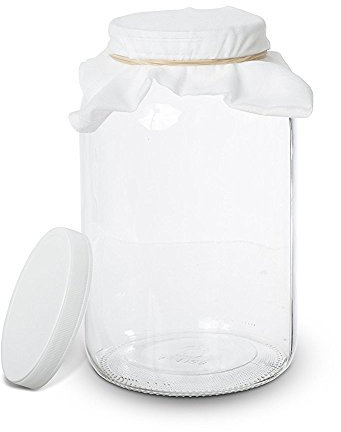 kitchentoolz 1 Gallon Glass Kombucha Jar - Home Brewing and Fermenting Kit with Cheesecloth Filter, Rubber Band and Plastic Lid