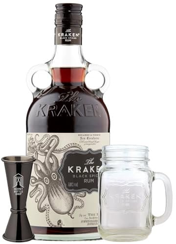 The Kraken Black Spiced Rum 70cl with Limited Edition Kraken Mason Jar & Secret Bottle Shop Jigger
