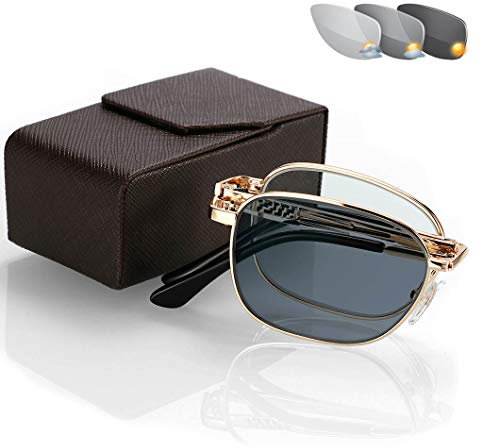 Read Optics Faltbare Sonnen-Lesebrille:Metallrahmen Photochrome Lesebrille,Getönte Sonnenbrille für Damen und Herren mit UV-400 Schutz