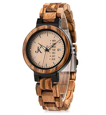 Kim Johanson Damen Holz-Edelstahl Armbanduhr *Light Week* mit Datum- & Tagesanzeige Handgefertigt Quarz Analog Uhr inkl. Geschenkbox