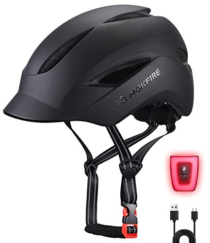 MOKFIRE Adult Bike Helmet with USB Charge Rear Safety Light & Reflective Strap for Unisex Men/Women, E Bike Bicycle Helmets with Visor,Urban Commuter Cycle Biking Helmet, Adjustable Size (L: 57-61 CM)
