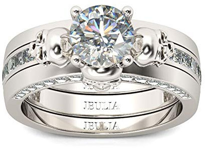 Jeulia 2,5 Karat austauschbare Ehering-Sets für Frauen 925 Sterling Silber Schädelringe Rundschliff Zirkonia Verlobungsringe CZ Solitaire Versprechen Ehering mit Geschenkbox (Silber, 57 (18.1))