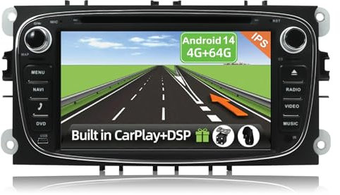 YUNTX Android 14 [4GB+64GB] 2 DIN Autoradio para Ford Mondeo/S-MAX/Focus/Galaxy/Connect(2007-2012)-[Integrado CarPlay/Android Auto/DSP/GPS]-IPS 2.5D Pantalla-Cámara+Mic-Dab/Control del Volante