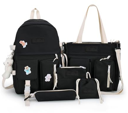 PORRASSO Mädchen Schulrucksack Set 5 - teilig Rucksack Schulranzen Teenager Rucksäcke Umhängetasche Schultertasche für Schule Reise Wandern Camping Schwarz