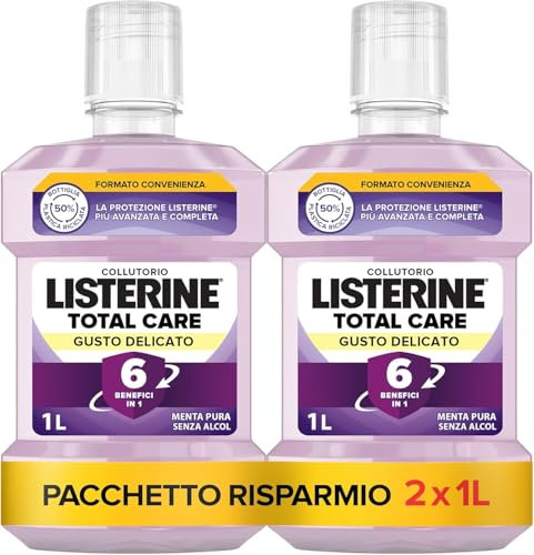 LISTERINE Total Care Mundspülung ohne Alkohol mit zartem Minzgeschmack, Mundwasser mit 6 Vorteilen in 1 für eine gründliche Reinigung und vollständige Mundhygiene, 2 x 1 l