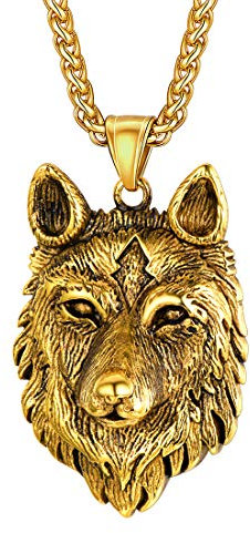 U7 Gold Kette mit Anhänger Herren Edelstahl Halskette Wikinger Wolfskopf Anhänger Halskette für Männer Goldene Fenriswolf Kettenanhänger Punk Glücksbringer Amulett Tier Modeschmuck für Vatertag