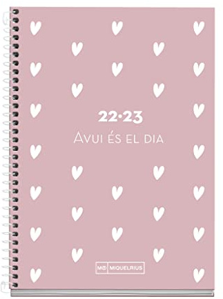 MIQUELRIUS - Kalender September 2022 Juni 2023 - Tag Seite - Aktive Größe 11,7 x 17,4 cm - Zweisprachige Katalan, Englisch - School - Rosa Herzen