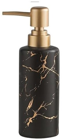 Gold Soap Dispenser for Bathroom or Kitchen, Skinny Ceramic Lotion Bottle with Marble Pattern, Rust-Free Pump (Black)