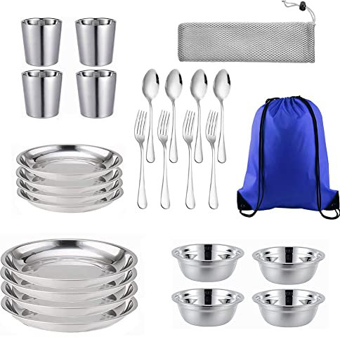 Stainless Steel Bowl Set Kit Polished Stainless Steel Dishes Set| Tableware| Dinnerware| Camping| Buffet| Includes - Cups | Plates| Bowls| Cutlery| Comes in Bags