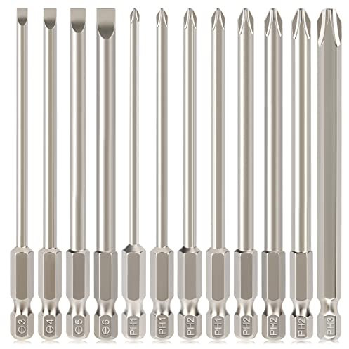 Hakkin 12Pcs 100mm Long Magnetic Flat Slotted Phillips Cross Head Screwdriver Bit Set S2 Steel 1/4” Hex Shank Screw Driver Impact Drill Bits for Furniture Assembly