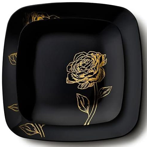 Decorline 32 Elegante Stabile Mehrweg Plastikteller Quadratische Mehrwegteller Schwarz mit Goldene Blumen | Set 2 Größen -Speiseteller 25cm + Dessertteller 18cm je 16 Stück | Schwarz/Gold (Peony)