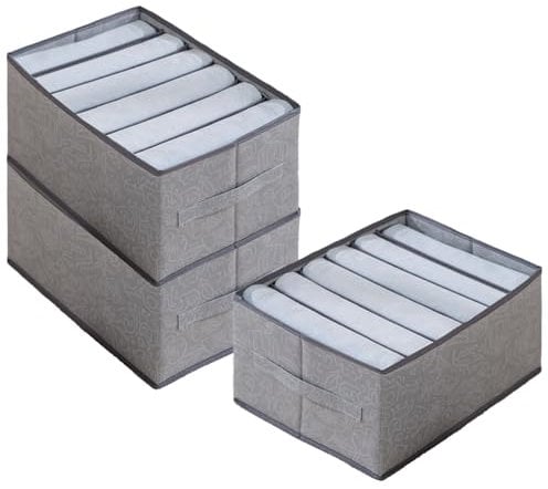 3 Pack Wardrobe Storage Organiser for Jeans, Extra Large Storage Box Foldable Clothes Drawer Storage Closet Organisers For Jeans Pants T-Shirts Trousers Leggings Sweaters, 6 Grids, Grey