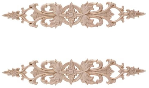 2Pcs Bois Sculpté Applique Sculpture Non Peint Sculpture sur Bois Non Peint pour la Décoration des Meubles Bois Longs Sculpté Decal Onlay Applique pour Meubles Armoire Fenêtre Porte Décor 33x6cm