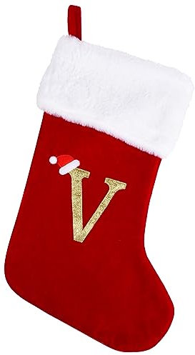 Sailup 50,8 cm Monogramm Weihnachtsstrumpf Super Weiche Weihnachtsstrümpfe mit Buchstaben, Deluxe Red Velvet Body Letter Strümpfe für Familienurlaub und Weihnachtsbaum V