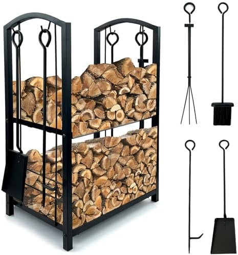 Crystals 2 Tier Metal Firewood Log Holder - Log Store - Log Rack for Fireplace - Firewood Rack for Fireplace Wood Storage Shelf with 4 Tools and Hooks, Indoor Outdoor, Large, Black