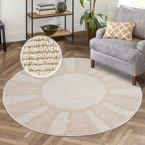 carpet city Kurzflor Teppich Wohnzimmer Rosa - 120 cm Rund - Kreis-Muster - Teppiche Modern, Boho für Schlafzimmer, Esszimmer