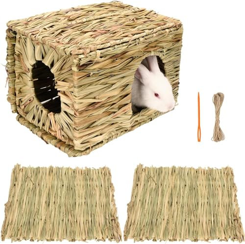 Grass House for Rabbits(1pc) and Grass mat for Rabbit Bunny(2pcs), Hand Woven Straw Hut, Small Animal Cages Hay Mat for Guinea Pig Parrot Rabbit Bunny Hamster Chinchilla Squirrel