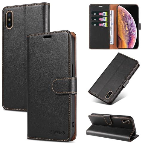 STAWLKA Case for iPhone XS Max, Premium PU Leather Flip Magnetic Buckle Wallet Case Kickstand Blocking RFID Shockproof Protective Phone Cover for iPhone XS Max - Black