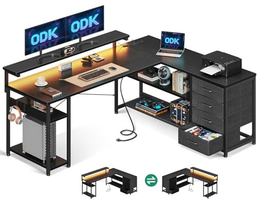 ODK Scrivania con Cassetti, Scrivania ad Angolo Reversibile con 2 Prese e 2 Porte USB, Scrivania ad L con LED per Ufficio a Casa, Nero, 155×110cm