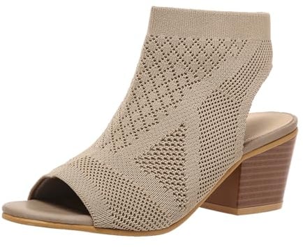 Peep Toe Booties for Women Open Toe Heeled Sandals Knit Cutout Chunky Block Heel Breathable Fashion Shoes US5-11, beige, 9