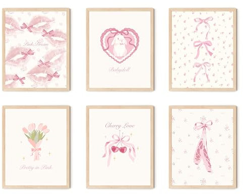 TwoDays Kokette Raumdekoration, ästhetisch, pastellrosa Schleifen, Poster für Mädchenzimmer, Balletcore-Wandkunst, mädchenhafte Kawaii-Dollette-Drucke für Schlafsaal. (20,3 x 25,4 cm, 6 Stück,