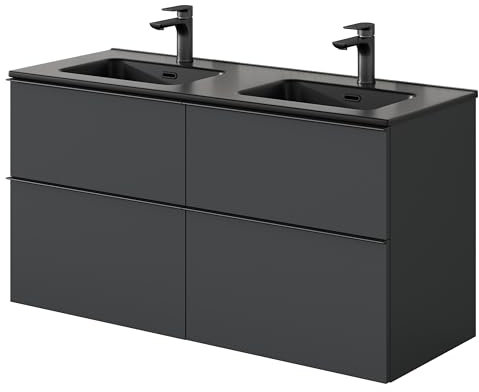 BERNSTEIN Badmöbel-Set Lavoa 120cm bestehend aus Doppel-Waschbecken und Unterschrank mit 4 Schubladen, Waschbeckenunterschrank in Anthrazit, Griff Anthrazit - 5 Jahre Garantie - Waschtisch in Schwarz