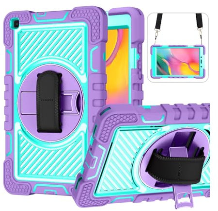 YOUULAR Étui pour tablette Samsung Galaxy Tab A 8.0 (2019) SM-T290, SM-T295 8, résistant aux chocs avec support rotatif à 360° et dragonne, violet + vert menthe