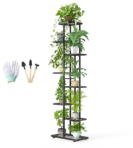 MAIJIAJU Metal Black Plant Stand Indoor Outdoor 8 Tier Plant Shelf with Gardening Tools and Gloves, 141cm Tall Flower Stand Organizer Corner Shelf Unit Display Rack for Garden Patio Living Room