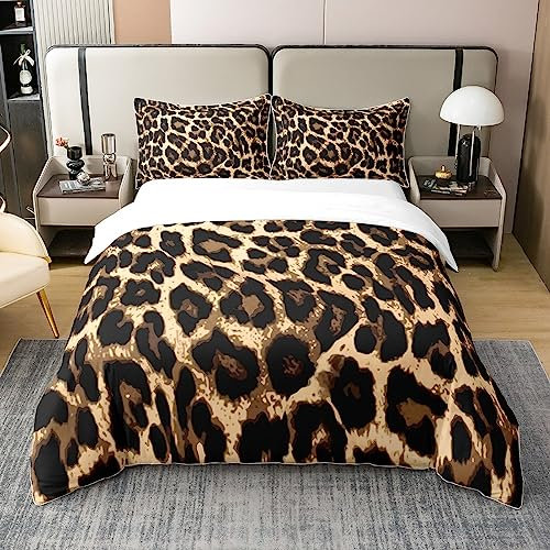 Loussiesd Leopard Drucken Bettbezug Set Schwarz Braun 100% Baumwolle Bettwäsche Set 135x200cm Afrika Muster für Jungen Kinder Schlafzimmer Dekorative Wild Tier Thema
