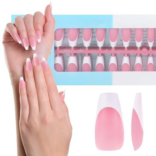 JSRQT 240 Pièces Faux Ongles en Gel Français, Long Cercueil Faux ongles à Pointe Française Press on Nails, Faux Ongles Artificiels Capsules, 3 en 1 X-Coat Tips French Nail Art pour Femmes Filles, Rose