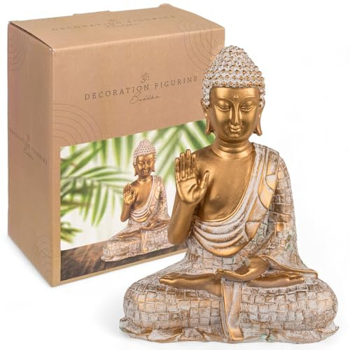 MIJOMA Buddha-Dekofigur, Gold & Weiß, Vintagelook, Polyresin, 14-34 cm Höhe, optional mit Teelichthalter - Spirituelle Ruhe und Eleganz (16,5 x 10 x 21 cm)